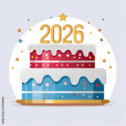 Festive illustration of a layered cake with the year 2026 on top, adorned with decorations.