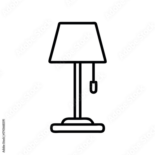 Simple line art illustration of a classic desk lamp with a rectangular shade and pull chain