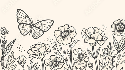 Elegant floral design featuring delicate blossoms and a graceful butterfly, perfect for adding a touch of nature to any project with a hand drawn feeling