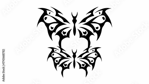 Intricate tribal butterfly design elements for tattoo art, offering captivating symmetry and bold graphic flair, ideal for creative projects & symbolic designs