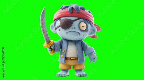 Happy halloween, 3d cute zombie pirate toy character eyepatch and sword seamless looping video motion 4k, set against a vibrant green background, Ideal for children’s products, Horror promotions