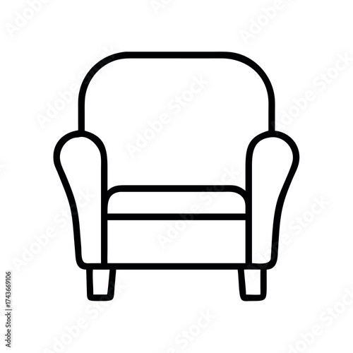 Simple line art illustration of a comfortable armchair with rounded back and padded seat