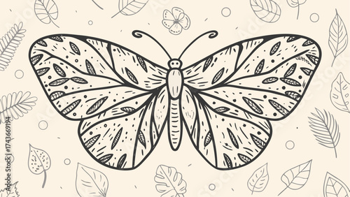 Elegant butterfly illustration with intricate line art and botanical accents, perfect for nature-inspired designs and creative projects, originally a vector graphic