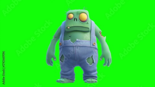 Happy halloween, cartoon 3d character zombie with big eyes and ripped overalls stands against a green background seamless looping video motion 4k, ideal for Horror themes, gaming graphics