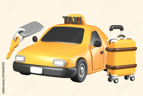 Realistic taxi, suitcase, key. Concept of tourism, travel. Service of modern hotel. Set of vector color templates, group of objects. Comfort for vacationer