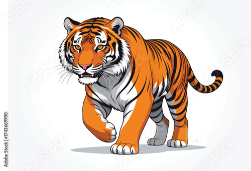 A magnificent tiger with bold stripes and a fierce gaze walks forward with confidence, showcasing its powerful physique in a detailed illustration