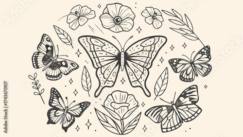 Delicate butterflies and floral elements, a captivating design evoking spring, nature, and ethereal beauty perfect for artistic projects and creative designs