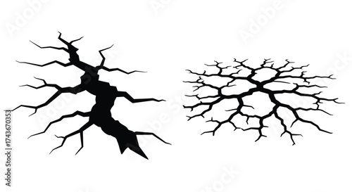 Detailed illustration of two distinct black crack patterns on a white background