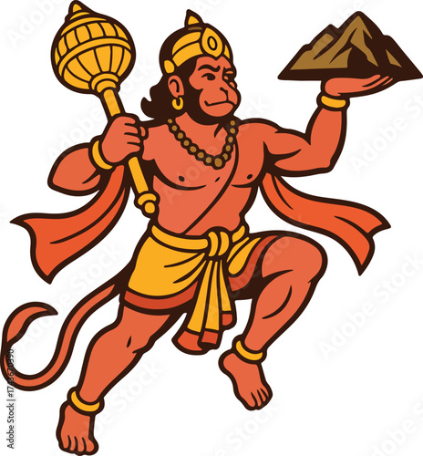 Hanuman The Monkey God Carrying Mountain And Mace In Dynamic Mythic Pose For Stock Images