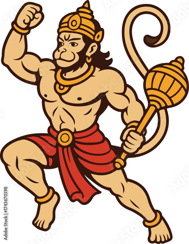 Heroic Hanuman Monkey God With Mace, Crown, Red Sash, and Muscular Pose for Dynamic, Cultural Stock Image