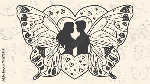 Romantic silhouette of a couple embracing inside heart with butterfly wings, symbolizing love, connection and transformation for wedding or Valentine's Day