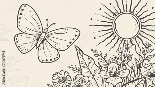 Delicate butterfly illustration with sun and floral elements, perfect for spring designs and nature-inspired projects, adding a touch of whimsical charm