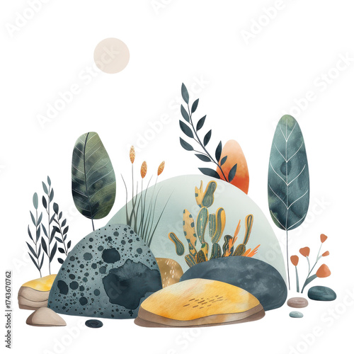 Nature scene with colorful rocks and plants under a bright sun in a peaceful landscape