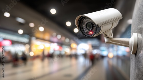 Surveillance camera with green alert indicator, mounted on a wall, emphasizing security and caution in public spaces.