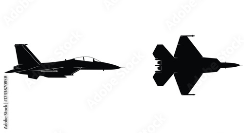 Silhouetted fighter jets in flight side and front views displayed