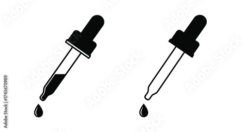 Simple black and white illustration of two dropper bottles with droplets