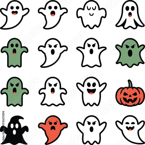 Halloween Ghosts and Pumpkin Icons in Various Colors 