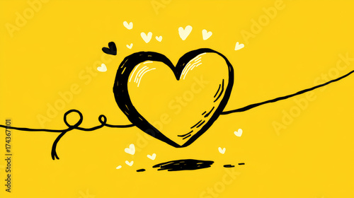 Watercolor Heart Illustration on Yellow Background with Small White Hearts