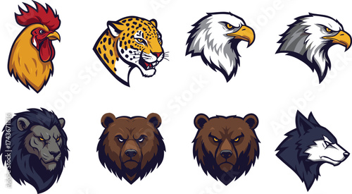 Animal head illustration, fierce lion, bold eagle, cartoon bear, roaring wolf, powerful leopard, mascot design, wild creature, strong character, graphic art