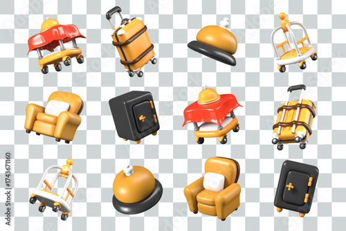 Set of hotel objects in different positions. Serving table, suitcase with wheels, reception bell, safe, luggage cart, armchair. Vector colored templates