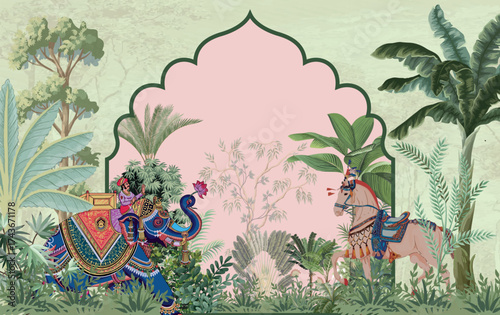 Mughal Garden Illustration, Mughal Wedding Wall Mural, Indian Wedding, Mughal Arch, Tropical Background Design, Watercolor Background.