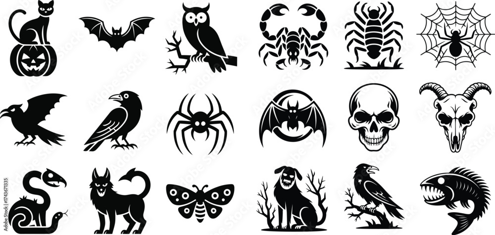 Fototapeta premium Halloween Icons Set Cat Pumpkin Bat Owl Scorpion Spider