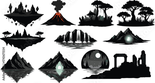 Fantasy landscape, floating island, erupting volcano, moonlit ruins, forest hut, glowing mountain, cascading waterfall, stylized nature, mystical scenery, surreal illustration