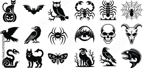 Halloween Icons Set Cat Pumpkin Bat Owl Scorpion Spider