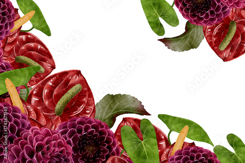 Hand-drawn watercolor floral frame with burgundy dahlia and red anthurium on white background. Illustration suitable for wedding, birthday, funeral cards, invitations, packaging, poster and decoration