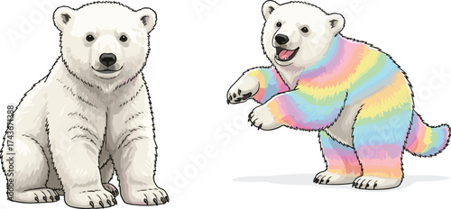 Cartoon polar bears with rainbow fur and white coat, cute animal illustration, colorful pastel design, whimsical character art for kids