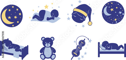 Cartoon moon, sleeping baby, night sky, bedtime routine, cute child, teddy bear, nursery mobile, peaceful sleep, dreamy stars, cozy night
