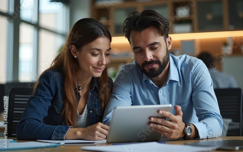 What do you think of this design. Shot of a two coworkers looking at a digital tablet in an office. High quality