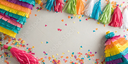 Pinata with tassels creating frame around confetti on textured surface suitable for mexican celebration graphics festive promotional templates holiday designs and cultural event marketing visuals