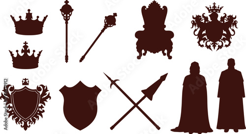 Medieval crown, royal throne, heraldic shield, fantasy scepter, noble silhouette, coat of arms, vintage weapon, regal icon, historical symbol, royalty design