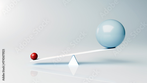 Foto Small red sphere outweighs large blue sphere on seesaw, less is more, balance, p