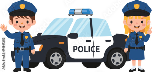 Cartoon police officers standing in front of patrol car smiling and waving, promoting law enforcement, safety, teamwork, and educational illustration concept