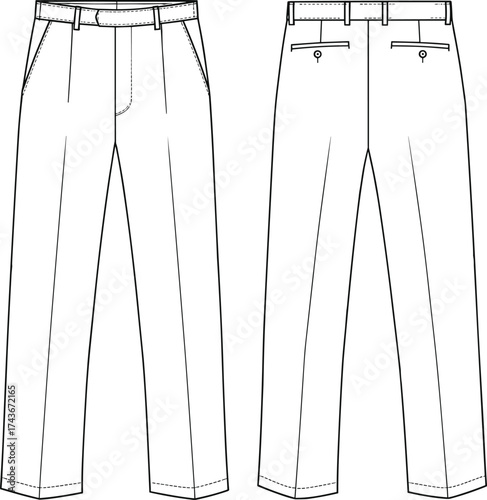 Men’s trousers technical sketch, front and back view, fashion flat drawing, tailored pants design, garment construction template, apparel illustration
