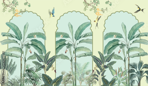 Mughal Garden Wall Mural Illustration, Mughal Arch, Tropical Plant, Tropical Garden Wallpaper, Birds, Watercolor Background.