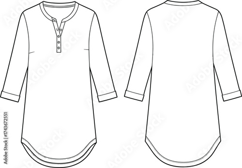 Women's tunic top, henley neckline, technical fashion sketch, three-quarter sleeves, curved hem, apparel design, garment flat, clothing template