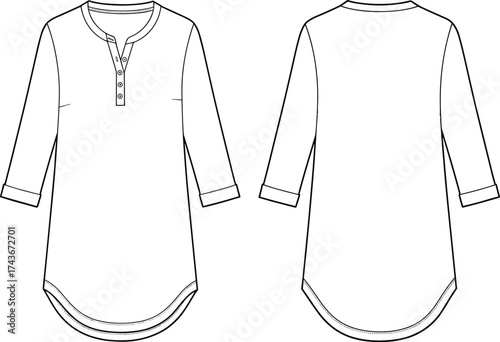 Women's tunic top, technical sketch, fashion flat, front and back view, three-quarter sleeve, button placket, curved hem, apparel design