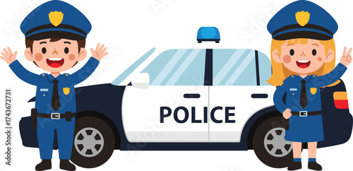 Cartoon police officers standing in front of patrol car, smiling and posing, promoting law enforcement, safety, teamwork, and educational concept