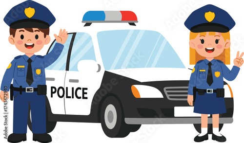 Cartoon police officers standing in front of patrol car smiling and waving, promoting law enforcement, safety, teamwork, and educational vector concept
