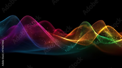 Abstract, colorful, wavy lines on black background