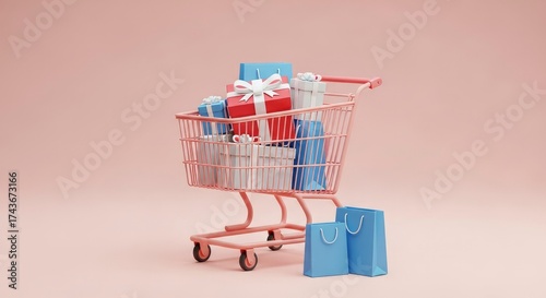A charming 3D render shows a pink shopping cart full of red, white, and blue gift boxes with ribbons, and blue shopping bags, all presented on a gentle pink background. This modern visual is perfect f