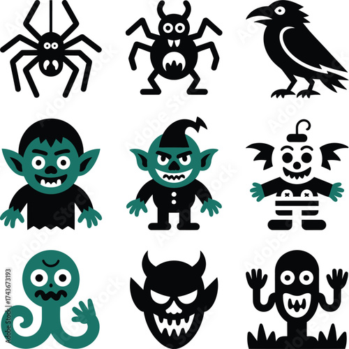 Halloween Monsters Spider Crow Goblin Devil Icons vector