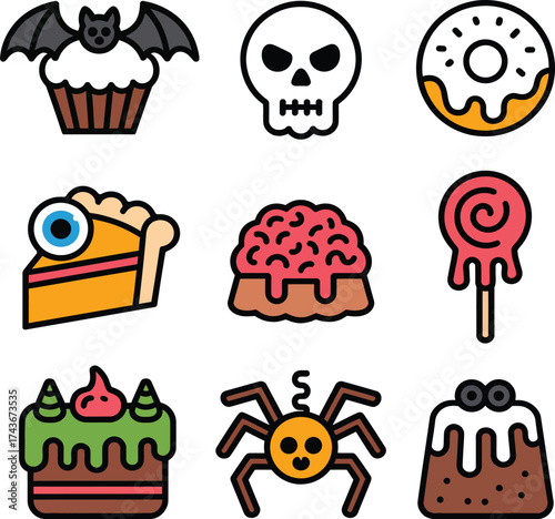 Halloween themed food and spooky icons set 