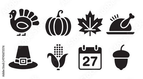 Thanksgivin Icons Set Isolated on White Background.