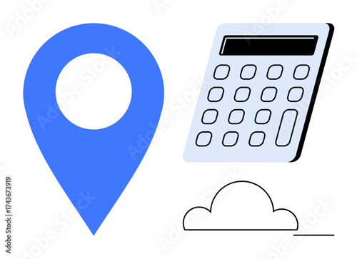Blue location marker, calculator with buttons, and cloud outline conceptually convey navigation, analytics, and digital storage. Ideal for travel, finance, planning, cloud computing innovation
