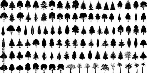 Collection of diverse black tree silhouettes in various shapes and sizes on a white background
