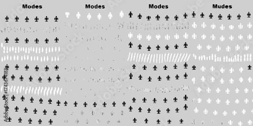 Collection of human figures in various styles and states of visibility representing different modes and variations